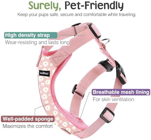 VavoPaw Dog Seat Belt, Safety Vest Dog Car Harness with Adjustable Buckle Dog Seat Belt for Vehicle Nylon Pet Safety Seat Belts Heavy Duty(M, Pink Daisy) - Image 2