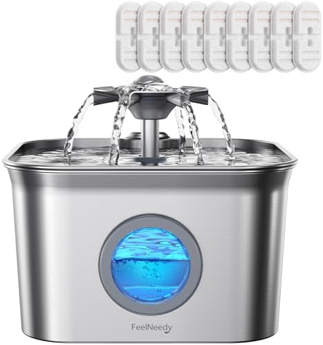 Stainless Steel Cat Water Fountain, 2.8L with 20dB Ultra-Quiet Pump- Ideal for Timid Pets, LED Water Level Window, Dishwasher Safe, 24/7 Circulation- Includes 9 Replacement Filters by FEELNEEDY