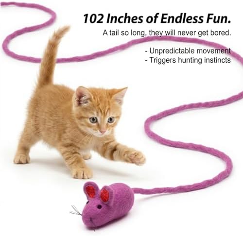 Glaciart One Felt Mouse Cat Toy – Soft Fuzzy Enrichment 100% Natural Wool - Interactive Catnip Play Cat Toy Set - Safe for Pets, Non-AZO Colored Dyes - 100” Long - Image 2