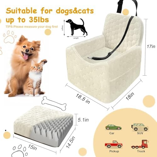 Dog Car Seat for Small/Medium Dogs, Memory Foam Dog Booster Seat, Travel Safety Per Car Seat with Washable Removable Cover, Storage Pockets for Dogs up to 35 lbs (White, Small) - Image 2