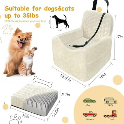 Dog Car Seat for Small/Medium Dogs, Memory Foam Dog Booster Seat, Travel Safety Per Car Seat with Washable Removable Cover, Storage Pockets for Dogs up to 35 lbs (White, Small) - Image 2