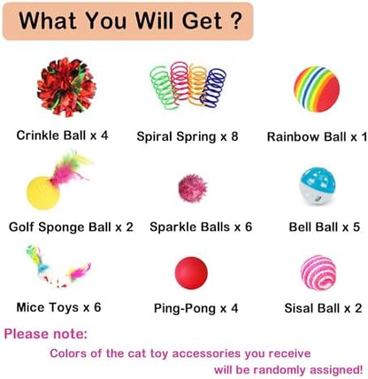 Cat Toys Assortment - Interactive Kitten Toy Bundle with Sparkle Pom Pom Balls, Crinkle Balls & Spring Toys for Indoor Cats(38-Pack) - Image 2