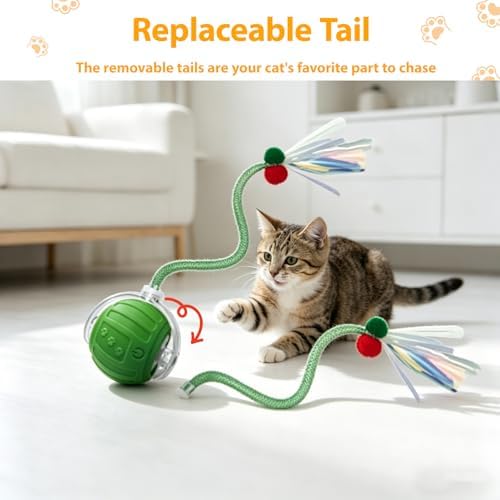 Interactive Cat Toys Ball for Indoor Cats, Automatic Self-Rolling, Motion-Activated, Bird Chirping Cats Dogs Ball Toy with Elastic Mesh Tail, Cat Enrichment Toys for Indoor Cats (Green) - Image 4