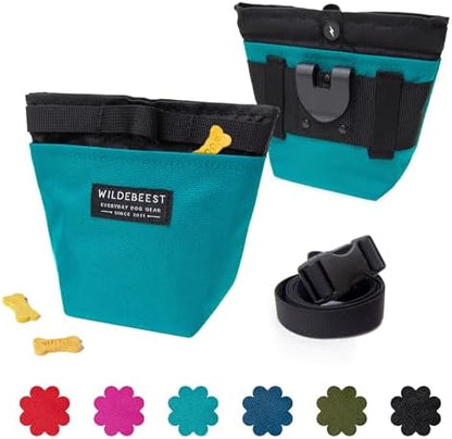 Wildebeest Dog Treat Pouch, Dog Treat Bag, Dog Training Treat Pouch, Dog Travel Bag, Pet Treat Pouch, Magnetic Closure, 2 Water-Resistant Compartments, Detachable Waist Strap & Belt Clip (Turquoise) by Wildebeest