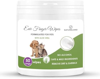Natureland Dog and Cat Ear Finger Wipes, Large Otic Cleaning, 50 Count by Natureland