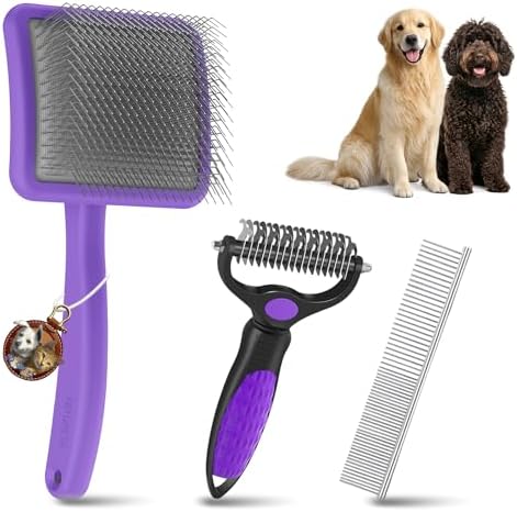 Large Dog 3 in 1 Grooming Kit, Extra Long Pin Slicker Brush Purple by YOYUPETA
