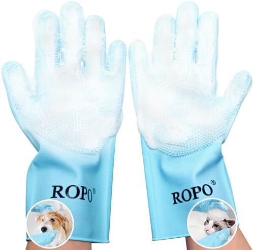 ROPO silicone gloves for pet grooming, multi-functional gloves for pet hair shedding, bathing, and massage (Blue) by Petsupplies