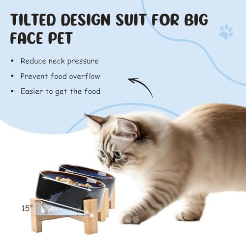 SPUNKYJUNKY 15° Slanted Ceramic Dog and Cat Bowl with Wooden Stand, Tilted Bulldog Food and Water Bowl No Slip Non-Spill for Cats Medium Dogs Big Face Pets 13.5 OZ (1.7 Cups, Starry Blue × 2) - Image 2