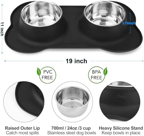 AsFrost Dog Food Bowls Stainless Steel Pet Bowls & Dog Water Bowls No Spill Non Skid, Feeding Bowls with Dog Bowls Silicone Mat for Small Medium Large Size Dogs, Cat Pet Dog Dishes Set, Black, 3 Cup - Image 2