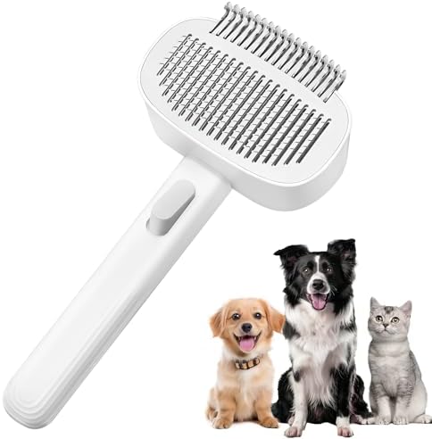 Self Cleaning Slicker Brush for Dogs Cats, Deshedding Dematting Grooming Tool for Long Haired Pets, Removes Matted Fur & Tangles, White by Unknown