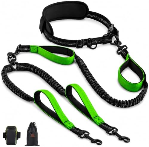 Hands Free Double Dog Leash, 4 Reflective Padded Handles, Adjustable Waist Belt 27-51", Shock-Absorbing Bungee, 360° Swivel Clips, for Small, Medium & Large Dogs, Walking Jogging Running by Unknown