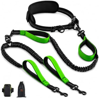 Hands Free Double Dog Leash, 4 Reflective Padded Handles, Adjustable Waist Belt 27-51", Shock-Absorbing Bungee, 360° Swivel Clips, for Small, Medium & Large Dogs, Walking Jogging Running by Unknown