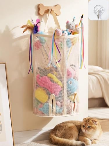15.16" Cat Wand Toy Holder Organizer Storage Bag - Special Bottom Opening Design, Pet Kitten Stick Doy Toy Mesh Pockets for Cat Feather Teaser Toys Wall Hanging Basket Box Bin (Beige, Double) by GSNYSAN