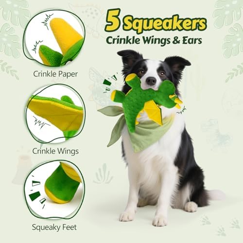 Squeaky Dog Toy - Plush Dragon with 5 Squeakers and Crinkle Wings - Image 2