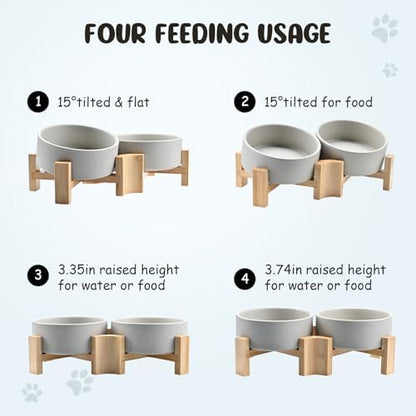 SPUNKYJUNKY 15° Slanted Ceramic Dog and Cat Bowl with Wooden Stand, Tilted Bulldog Food and Water Bowl No Slip Non-Spill for Cats Medium Dogs Big Face Pets 13.5 OZ (1.7 Cups, Grey × 2) - Image 3