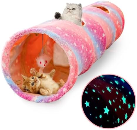 Cat Tunnels for Indoor Cats with Plush Toys Collapsible Glows in The Dark Dog Cat Tunnel Tube Toys Photoluminescent for Indoor Cats Small Dogs Puppy Kitten Rabbit Bunny Ferret Pet Rainbow by Unknown
