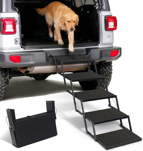 Foldable Dog Car Steps - Upgraded Non-Slip Pet Stairs for Large Dogs, Portable Metal Frame Dog Ramps for High SUV, Truck and Cars, Lightweight Pet Ladder with High Load-Bearing Capacity (5 Steps) by Heeyoo