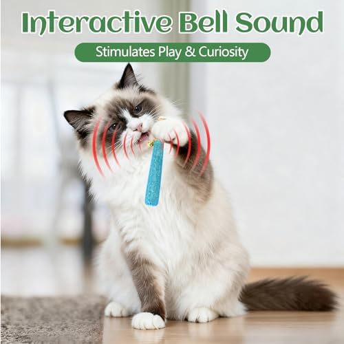 4 Pack Hand-Rolled Catnip Sticks with Chew Rope & Bell -Shaped Cat Toys for Indoor Cats and Kicker Toys, Teething Chew and Play Fun (Blue) - Image 6