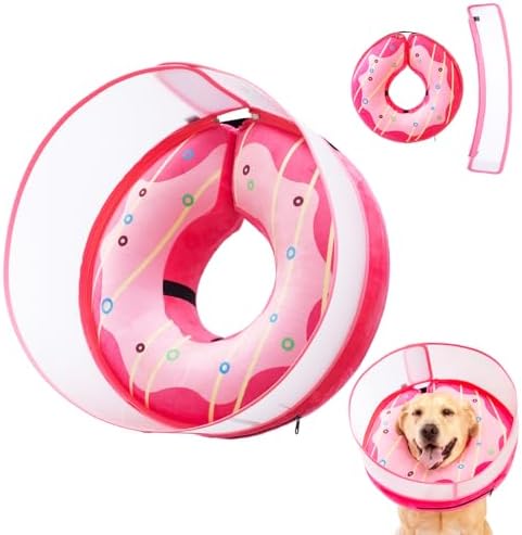 Inflatable Dog Cone Collar for Large Medium Small Dogs, Soft Dog Donut Collar Adjustable Recovery Cone for Pets After Surgery, Extra Enhanced Anti-Licking Guard Shield (Pink Donut, X-Large) by Mariyago