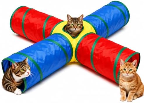 Cat Toys - 4-Way Tunnel for Indoor Cats with Peek Hole & 2 Mice - Large Foldable Rainbow Tube with Hanging Ball for Kittens, Rabbits, Small Dogs - Ideal Cat Toy by DrFluffyyes