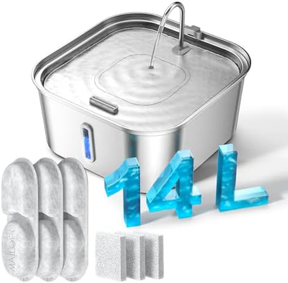 Large Dog Water Fountain 14L/3.7Gal, Stainless Steel Pet Fountain for Large Dogs and Multi-Pets Families, Visible Window & Extra Wide Drinking Area, Enlarges Capacity & Saves Space (with 3pcs Filters) by MAILOFY