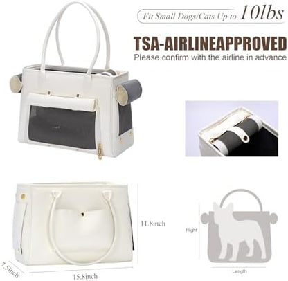Fashion Pet Carrier Purse for Small Cat and Dog, Luxury Pu Soft-Sided Tote Bag with Large Pockets for Dogs and Puppies (White, 15.8" L x 7.5" W x 11.8" H) - Image 2