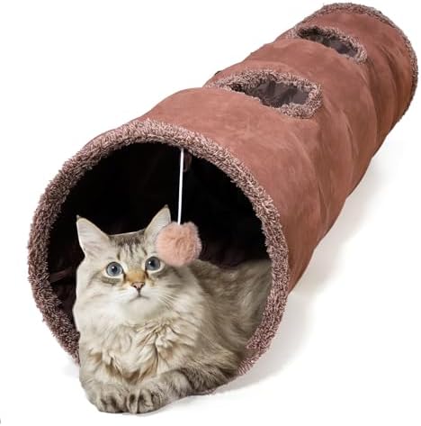 ZENFUN 51"x 12" Collasiple Cat Play Tunnel, Cats Tubes and Tunnels, Cat Foldable Hide and Seek Tunnel Toy, Brown Suede Pet Tube Toy for Rabbits, Ferrets, Puppy, Diameter 12 Inch by ZENFUN