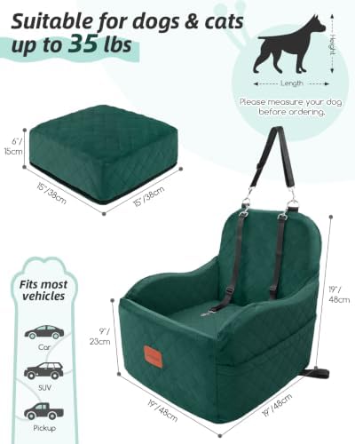 Lealchum Dog Booster Car Seat for Small/Medium Dogs,6in Elevated Cushion,Fully Detachable and Washable,2 Storage Pockets & 3 Straps,Fits in Front/Back Seat,Easy to Install (Green,Medium) - Image 2
