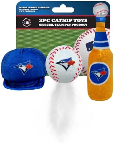 Best Plush CAT Toy - MLB Toronto Blue Jays Complete Set of 3 Piece Cat Toys Filled with Fresh Catnip. Incld: 1 Baseball Cap Cat Toy, 1 Baseball Cat Toy with Feathers & 1 Beer Bottle. Team Logos by PETSFIRST