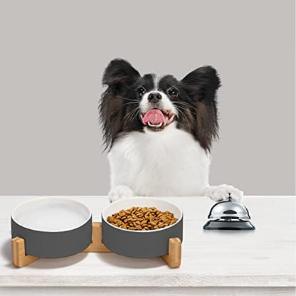 SPUNKYJUNKY Ceramic Dog and Cat Bowl Set with Wooden Stand, Modern Cute Weighted Food Water Set for Small Size Dogs (13.5OZ) & Medium Sized Dogs (28.7OZ) & Cats (1.7 Cups, 2 × White-Gray) - Image 3