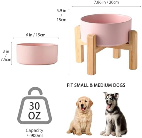 6'' Ceramic Raised Dog Bowl - 30Oz Dog Food & Water Bowl with Elevated Non-Slip Bamboo Stand, Dishwasher & Microwave Safe, Anti Vomiting Heavy Duty Pet Bowl for Small and Medium Dogs, Pink - Image 3