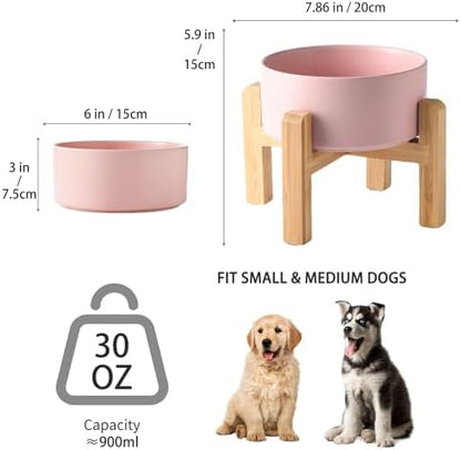 6'' Ceramic Raised Dog Bowl - 30Oz Dog Food & Water Bowl with Elevated Non-Slip Bamboo Stand, Dishwasher & Microwave Safe, Anti Vomiting Heavy Duty Pet Bowl for Small and Medium Dogs, Pink - Image 3