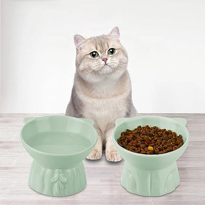 Elevated Cat Bowls 2-Pack, Ceramic Raised Cat Food & Water Dishes - Extra Wide & Shallow Whisker-Friendly Design, Anti-Vomit & Easy Digestion, Lead/Cadmium-Free, Microwave & Dishwasher Safe (Green) - Image 7