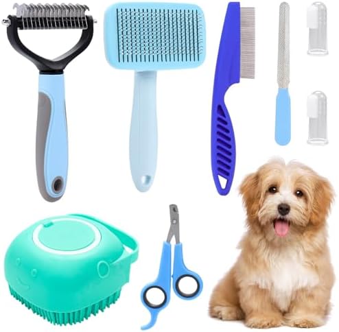 VCZONE 8 Pcs Dog Brush Grooming Kits, Includes Pet Nail Clipper and File, Flea Comb, Pet Shampoo Bath Brush, Pet Shedding Brush, Pet Dematting Comb, Silicone Toothbrush (Blue) by VCZONE