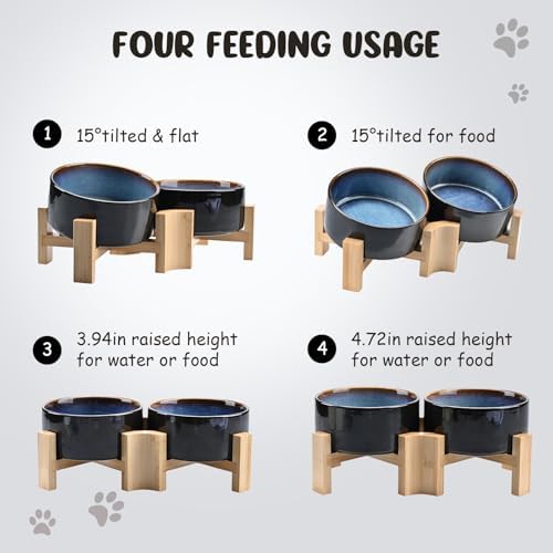 SPUNKYJUNKY 15° Slanted Ceramic Dog and Cat Bowl with Wooden Stand, Tilted Bulldog Food and Water Bowl No Slip Non-Spill for Cats Medium Dogs Big Face Pets 28.7 OZ (3.6 Cups, Starry Blue × 2) - Image 4