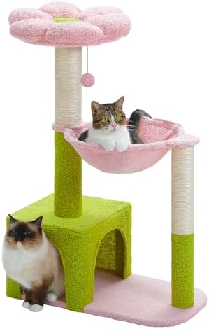 MUTTROS Flower Cat Tree with Large Metal Frame Hammock, 35" Cute Cat Tower with Sisal Scratching Posts for Small Indoor Cats, Cat Condo with Pink Top Perch for Kittens, Pink by MUTTROS
