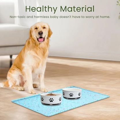 Ptlom Dog Food Mat Anti-Slip Dog Bowl Mats for Food and Water, Waterproof Pet Placemat Prevents Messy Spill to Floor, Silicone Puppy Feeding Tray for Small, Medium and Large Dogs Cats, Blue - Image 3