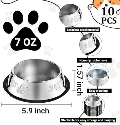 10 Pcs Stainless Steel Dog Bowl Pet Feeding Bowl with Rubber Base Non-Slip Pet Dishes Metal Dog Bowls Pet Food and Water Bowls for Small Medium Animals Kitten Rabbit (7 oz) - Image 2