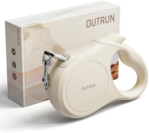 OUTRUN Retractable Dog Leash 16.5 FT Walking Leash up to 55 Lbs, Strong Nylon Tape No Tangle, Heavy Duty One-Handed Brake Lock Perfect for Small & Medium Sized Dogs and Pets (Cream White) by Unknown