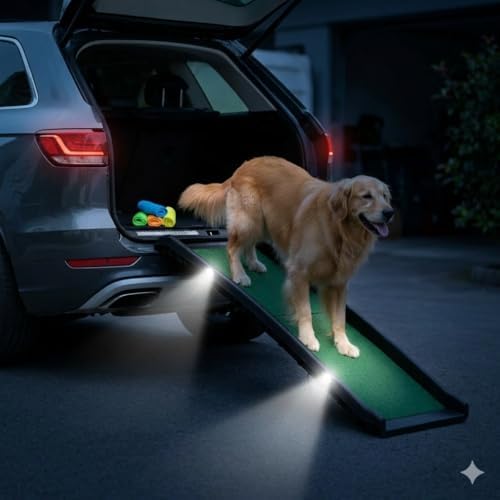 Dog Ramp for Car & SUV with Poly Grass Non-Slip Surface – Lightweight & Foldable Pet Ramp for Dogs, Includes 4 Towels & 2 LED Lights, Safe for Cars, Trucks, Beds, Couches & Stairs - Image 2
