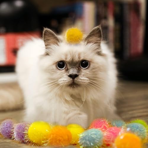 30 Pieces Sparkle Pom Pom Balls with Cat Toy Launcher - Asorted Colors Interactive Glitter Ball for Indoor Play 1.2 Inches Pompoms Thrower Best as Kitten Toys for Excercise and Entertainment. - Image 5