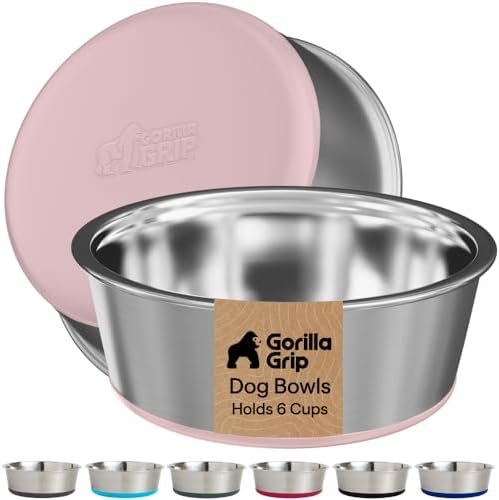 GORILLA GRIP Dog Bowls, Food Grade Stainless Steel, Set of 2, 6 Cup, Pink by GorillaGrip