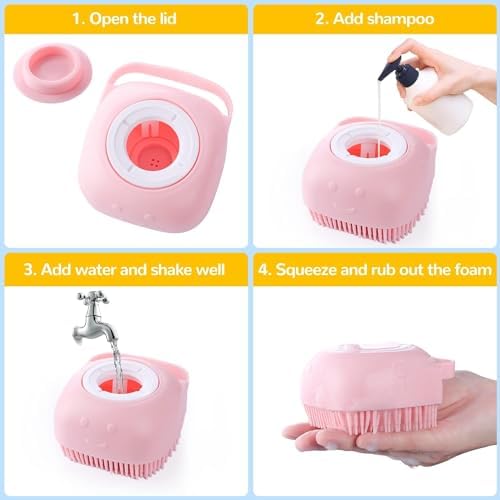 7 Pcs Cat Dog Brush Grooming Kits, Self-Cleaning Slicker Brush, Pet Nail Clipper and File, Flea Comb, Pet Shampoo Bath Brush, Pet Finger Toothbrush, Storage Bag (Pink) - Image 5