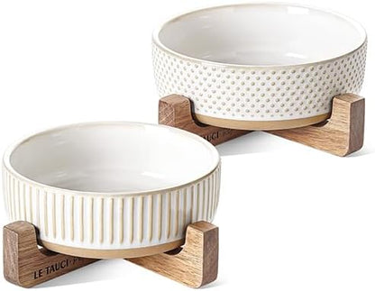 LE TAUCI PET Dog and Cat Bowl Set with Acacia Wood Stand - 2 Cup Ceramic Puppy Bowls for Cats &Small Dogs, Dual Food and Water Bowls with Weighted Non-Slip Base, Lines+Dot
