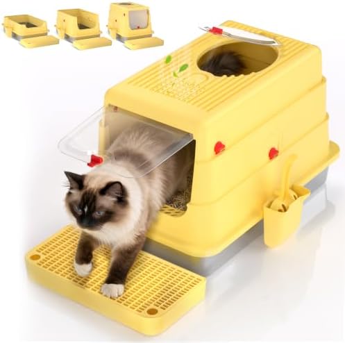 4-in-1 Stainless Steel Cat Litter Box with Flip Lid and High Sides, Yellow by Labeta