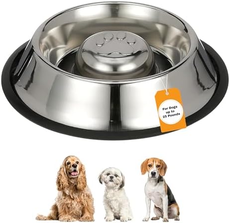 Neater Pet Brands Stainless Steel Slow Feed Bowl - Non-Tip & Non-Skid - Stops Dog Food Gulping, Bloat, Indigestion, and Rapid Eating (1.5 Cup) by NeaterPetBrands