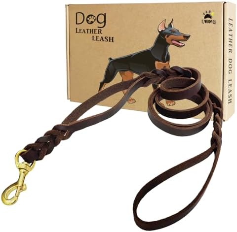 LWBMG Double Handle Leather Dog Leash 6 Foot - Heavy Duty Dog Leash with Traffic Handle - Braided Leather Lead for Small Medium Large Dogs by LWBMG