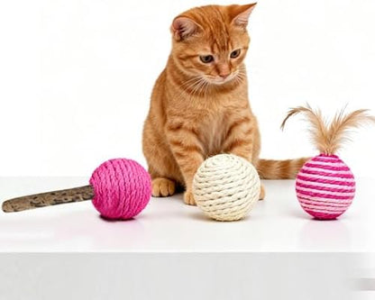 3-Pack Sisal String Rattle Ball Toy for Indoor Cats - All Natural Woven Fibers, Assorted Colors by britepaws