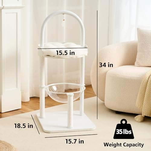 34" Modern Cat Tree Furniture for Indoor Small & Medium Cats, Minimalist Cat Tower with Scratching Posts, Wood Platforms, Capsule Perch, Stable Steel Frame & Washable Cushion, Soft White - Image 3