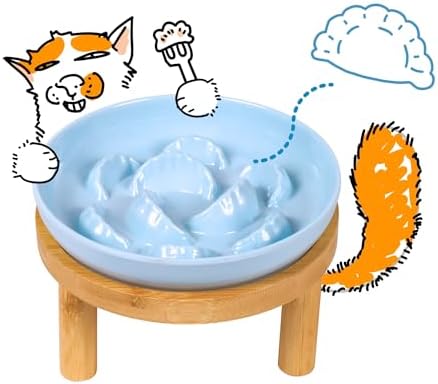 Slow Feeder Bowl, 6.3″ Elevated Cat Bowl with Stand, Melamine Wide Shallow Food Bowl, Whisker-Friendly Raised Plate, Wet Food Feeder for Slow Eating (Blue) by FullCharm
